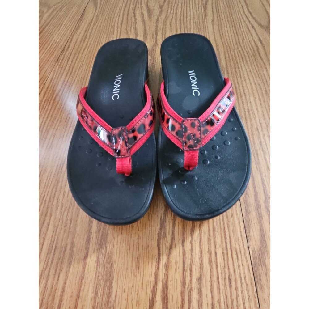 Vionic Women's Tide II Toe Post Sandals Red Leopard Flip Flops US 10